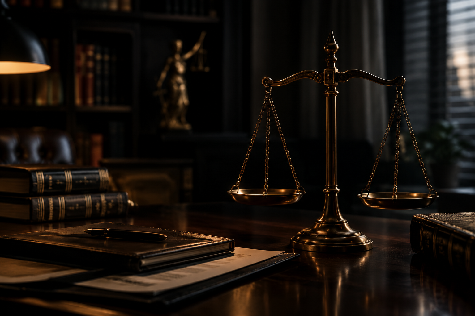 Hukuk kitaplarının önünde, karanlık bir hukuk bürosunda adalet terazisi